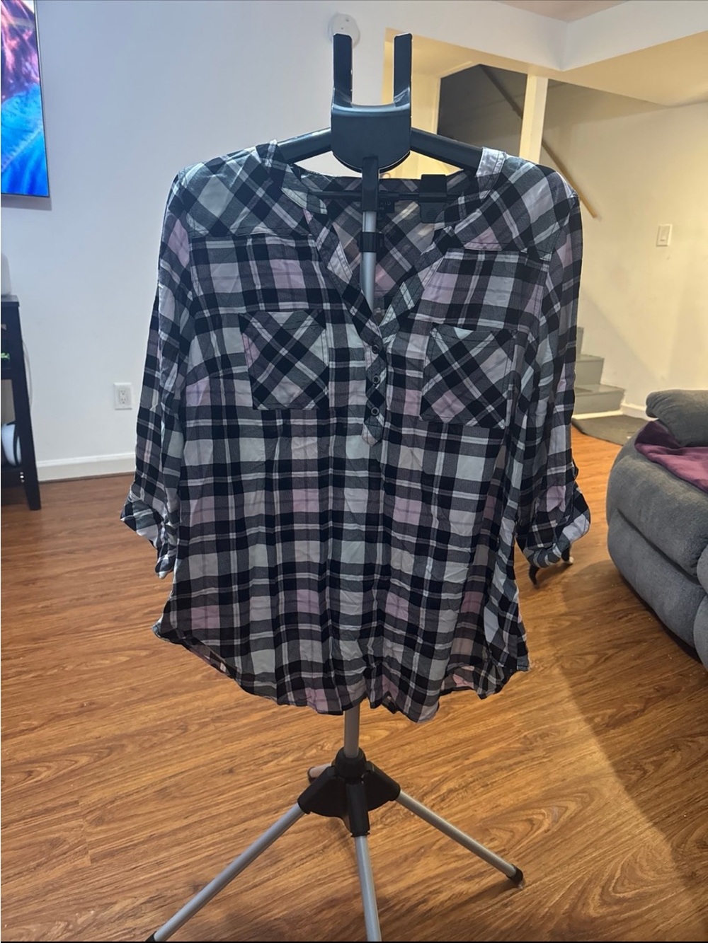 torrid Black, White & Light Pink Plaid Button Front Blouse